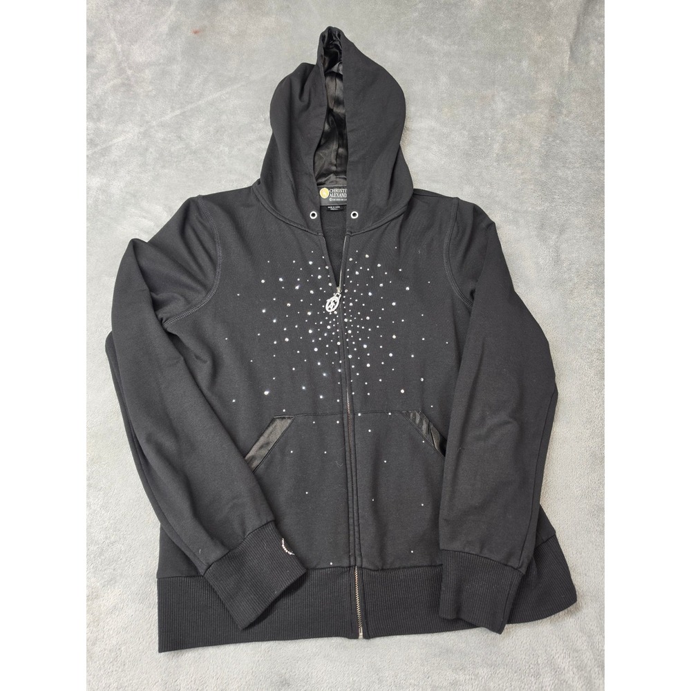Christian Alexander Black Rhinestone Starburst Zip Up Hoodie Satin Y2K Small